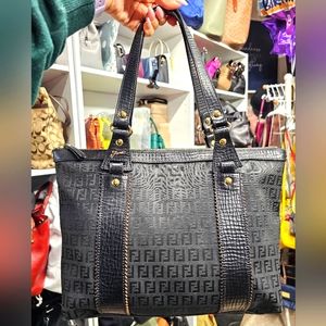 Fendi black leather and canvas shoulder bag